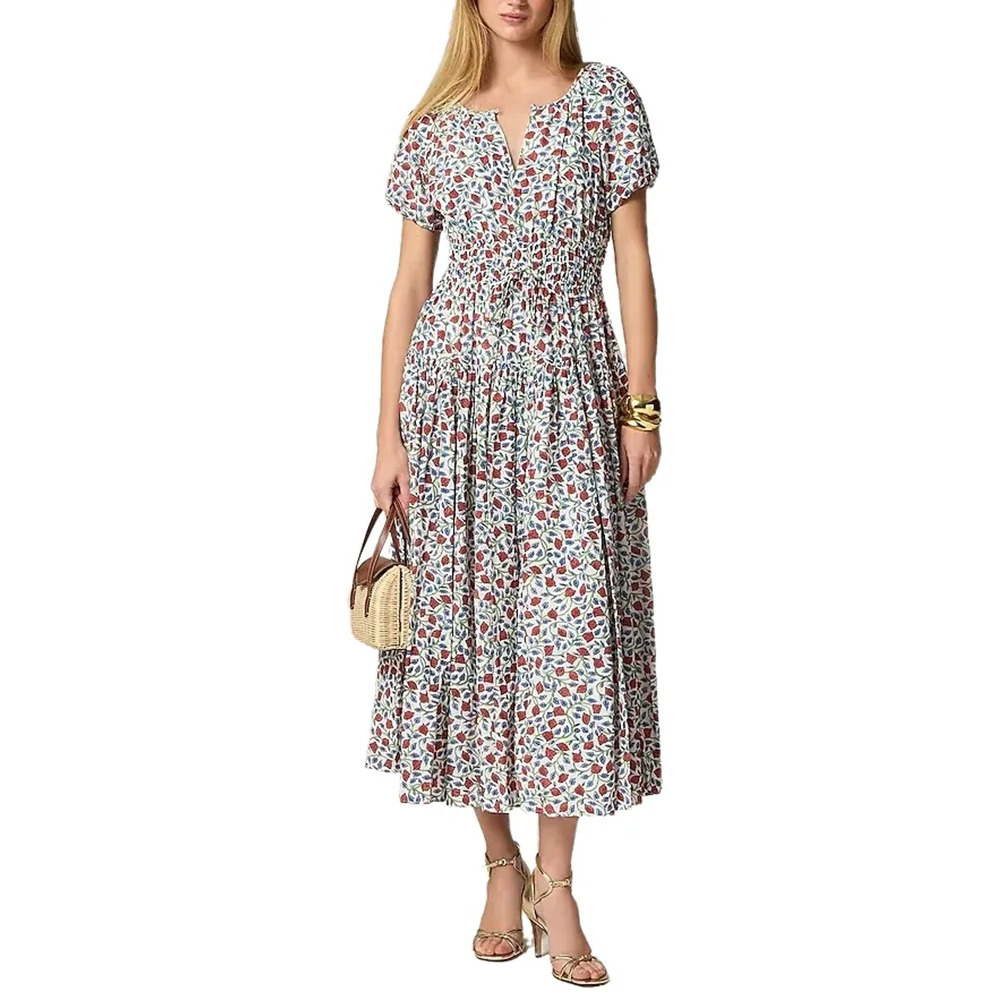 J. Crew Elena Floral Crepe De Chine Puff-Sleeve A-LIne Midi Dress White Multi M